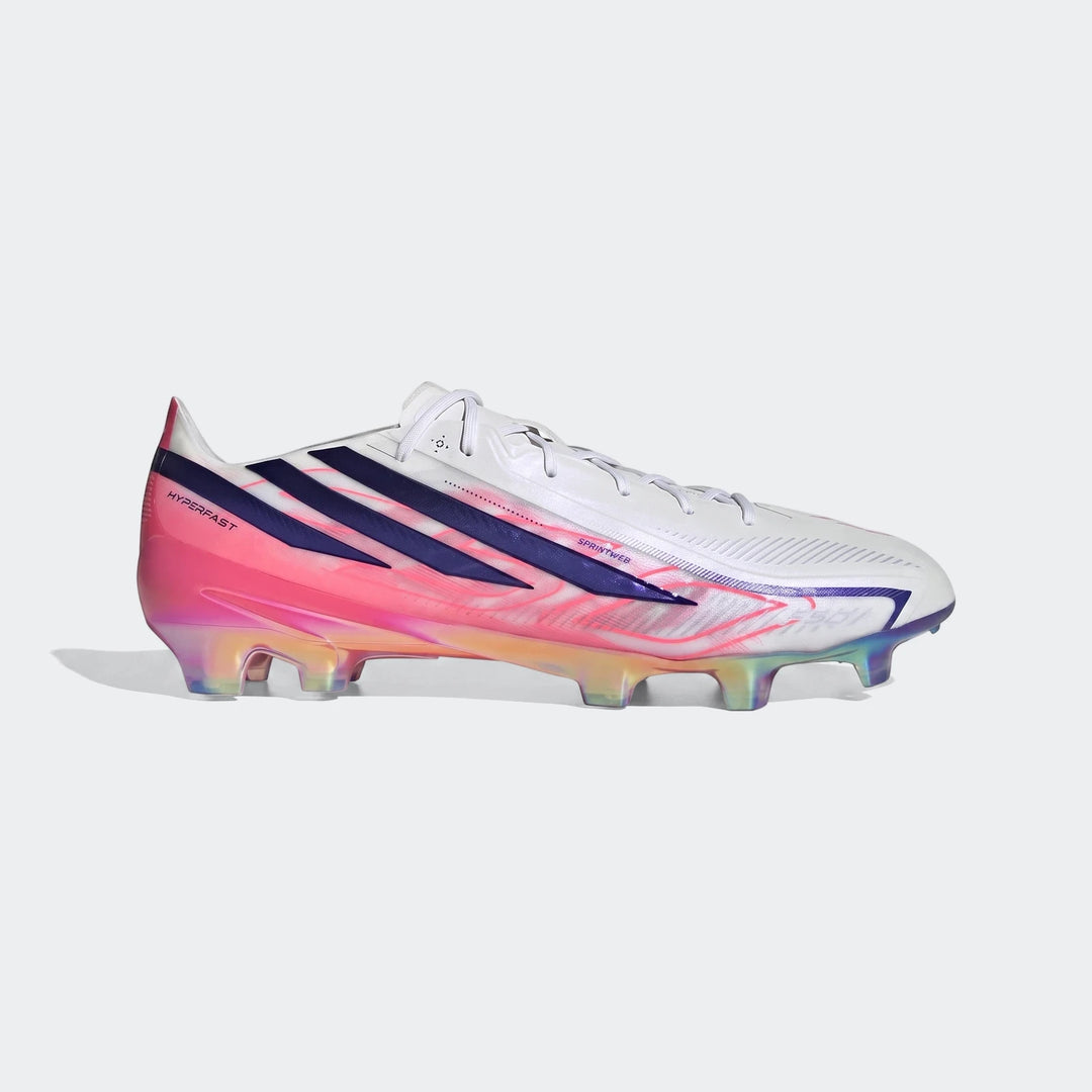 White Adidas F50 Hyperfast Elite firm ground football boots with navy stripes and iridescent sole in a side profile view.