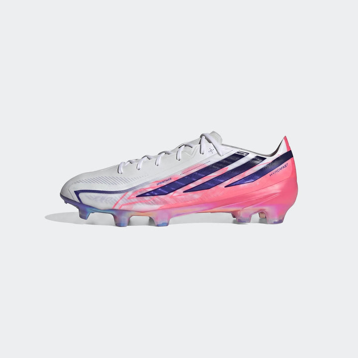 Adidas F50 Hyperfast Elite Firm Ground football boots in white, purple, and pink. Side view of the SPRINTWEB upper and