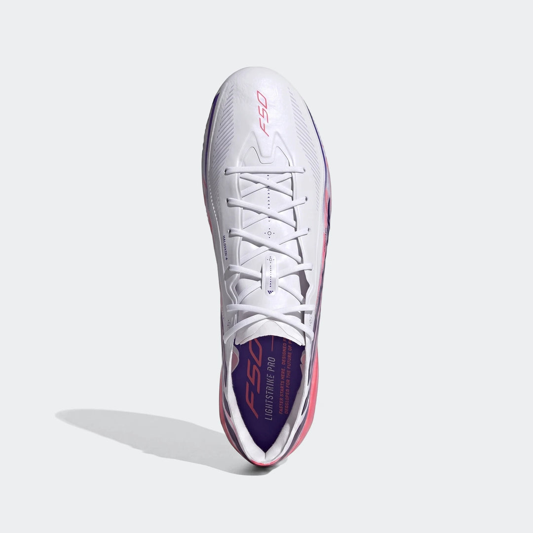 White, pink, and purple Adidas F50 Hyperfast Elite firm ground football boots, shown from a top-down view.