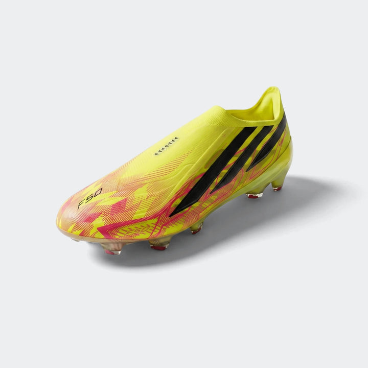 Adidas F50 Hyperfast Elite Laceless Firm Ground Boots in striking neon yellow with vibrant pink graphic patterns, shown