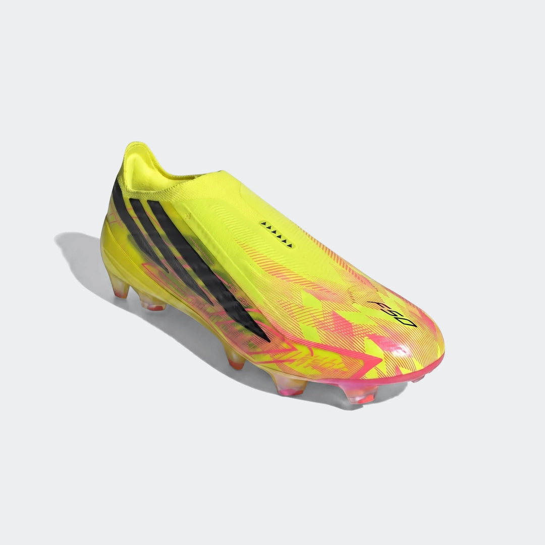 Adidas F50 Hyperfast Elite Laceless Firm Ground Boots in vibrant yellow and pink, shown in an angled view.