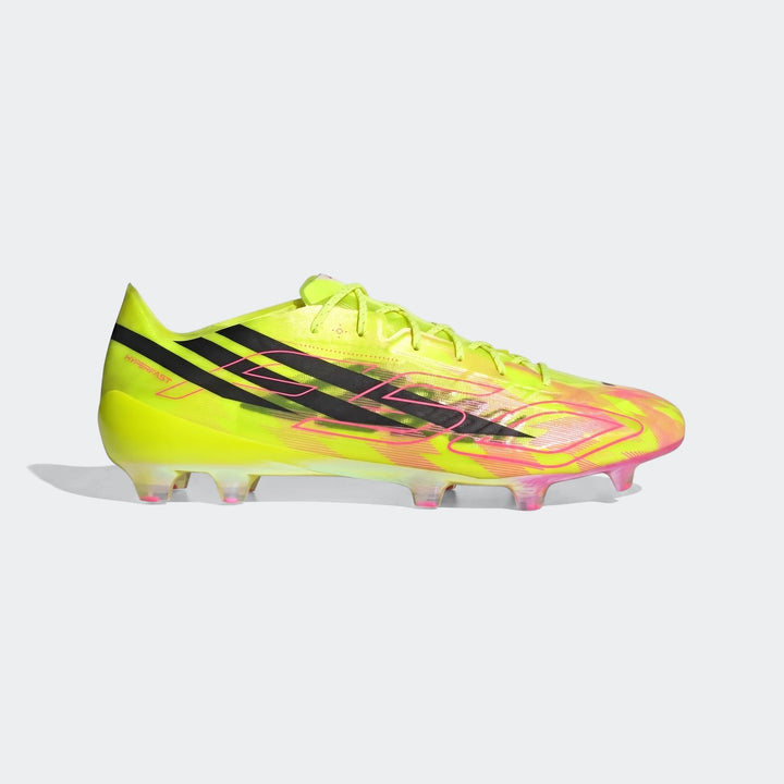 Side view of an Adidas F50 Hyperfast Evo Firm Ground Football Boot in vibrant neon yellow and pink with black stripes and