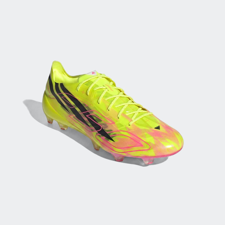 Bright neon yellow and hot pink Adidas F50 Hyperfast Evo firm ground football boots, shown at an angle.