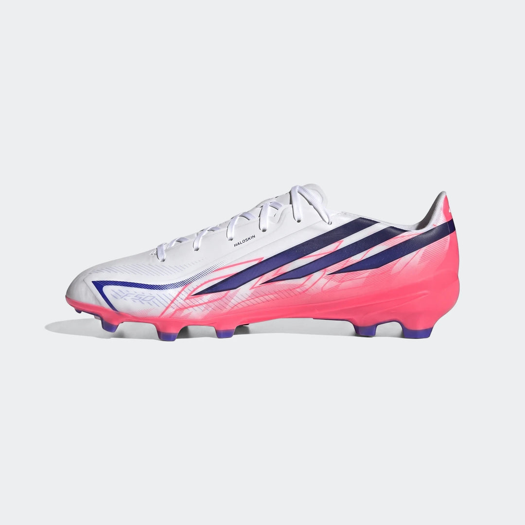 White, pink, and blue Adidas F50 Hyperfast League Firm Ground Football Boot shown in a side view.