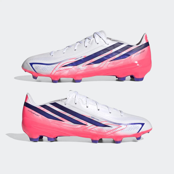 Pair of Adidas F50 Hyperfast League Firm Ground Football Boots in white, blue, and pink, shown from a side view.