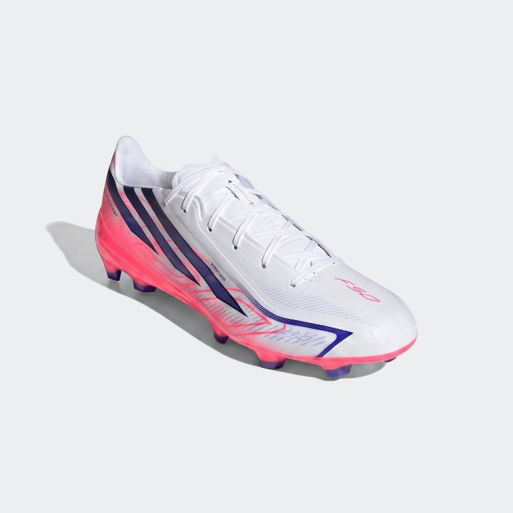 Adidas F50 Hyperfast League Firm Ground Football Boots in white with vibrant pink and dark blue accents, side view.