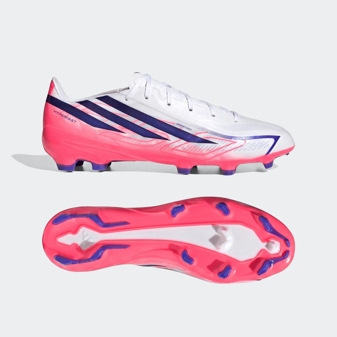 White, pink, and purple Adidas F50 Hyperfast League Firm Ground Football Boots, showing both side and sole views.