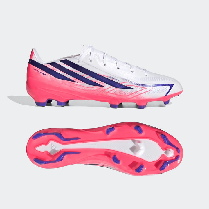 White, pink, and purple Adidas F50 Hyperfast League Firm Ground Football Boots, showing both side and sole views.