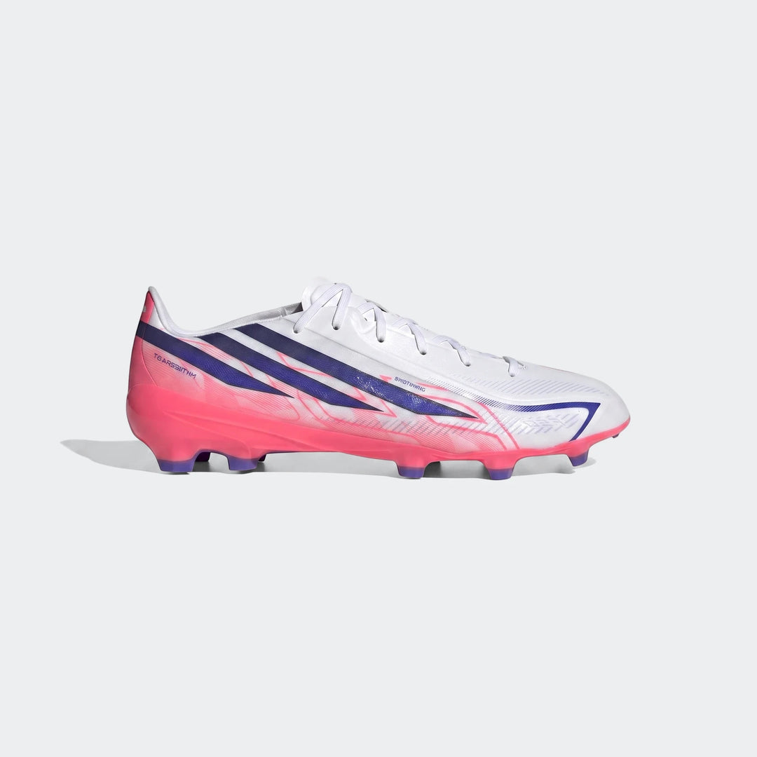 White, pink, and blue Adidas F50 Hyperfast League Firm Ground Football Boots, shown from a side view with a studded sole.