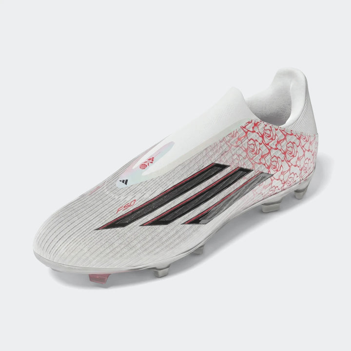 White Adidas F50 Lamine Yamal football boots, featuring red floral patterns and classic black stripes, in a dynamic