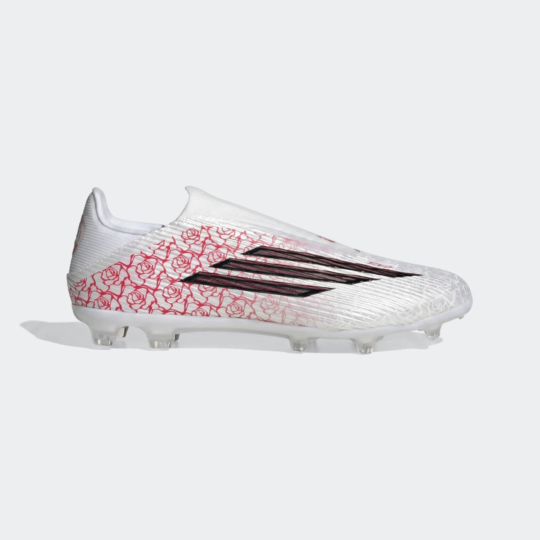 White Adidas F50 League Lamine Yamal football boots with red rose pattern, shown in a side view.