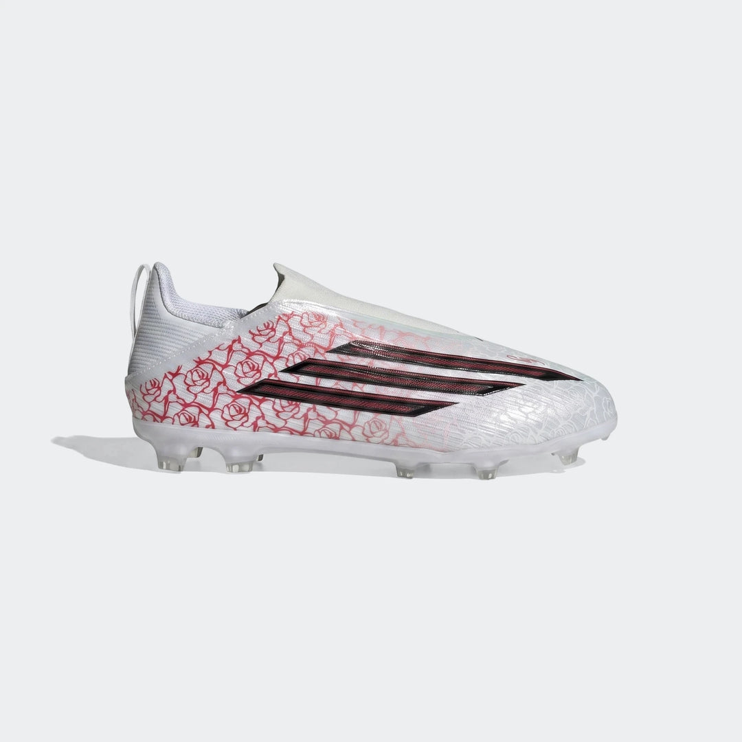 White Adidas F50 League Lamine Yamal kids football boots with red and black rose pattern and black stripes, side view.