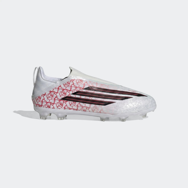 White Adidas F50 League Lamine Yamal kids football boots with red and black rose pattern and black stripes, side view.