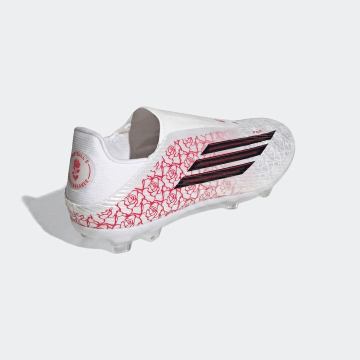 White Adidas F50 League Ll Fg / Mg Lamine Yamal football boot with intricate red rose patterns and black stripes, viewed at