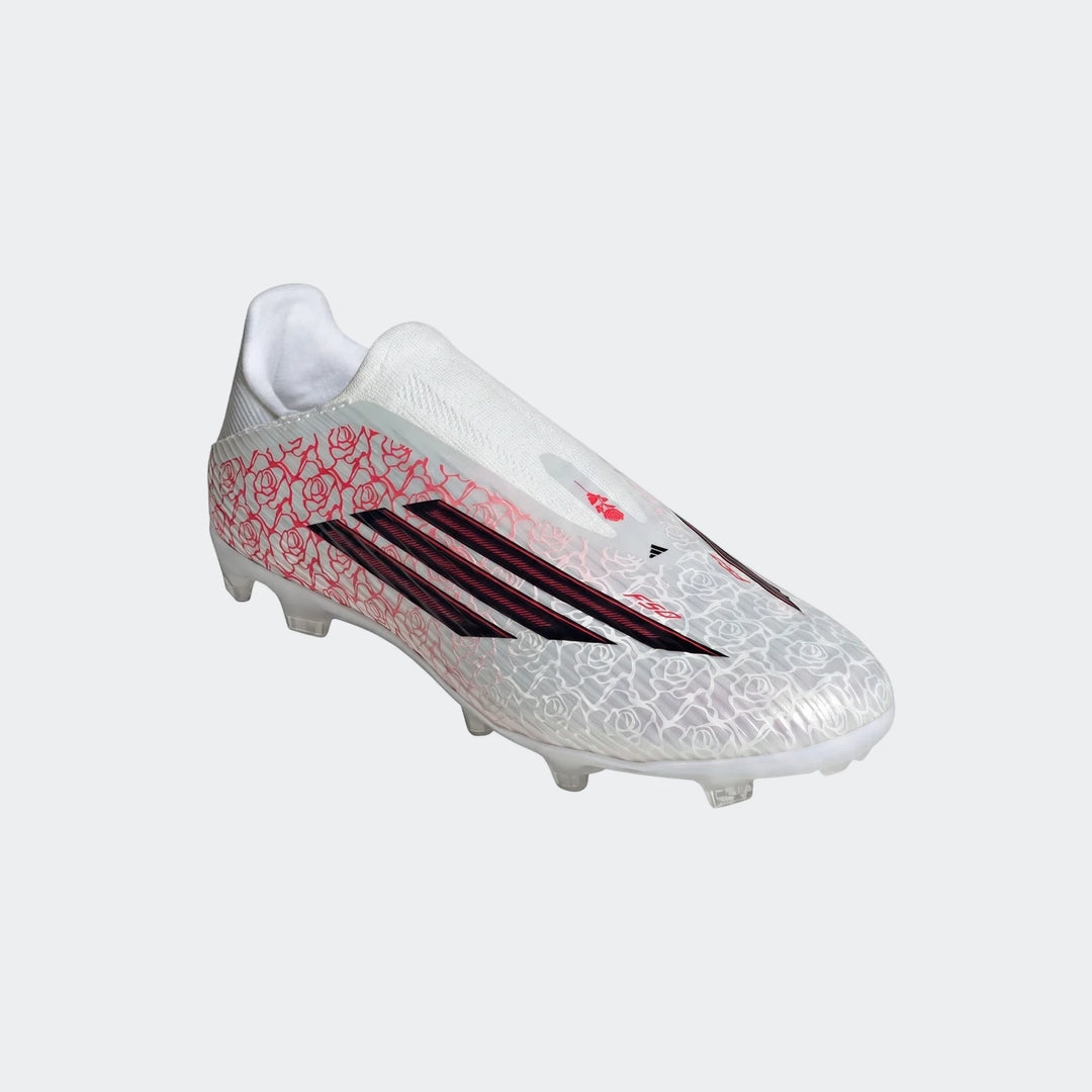 White Adidas F50 League LL FG/MG Lamine Yamal football boots with red rose graphics and black stripes, displayed at an angle.