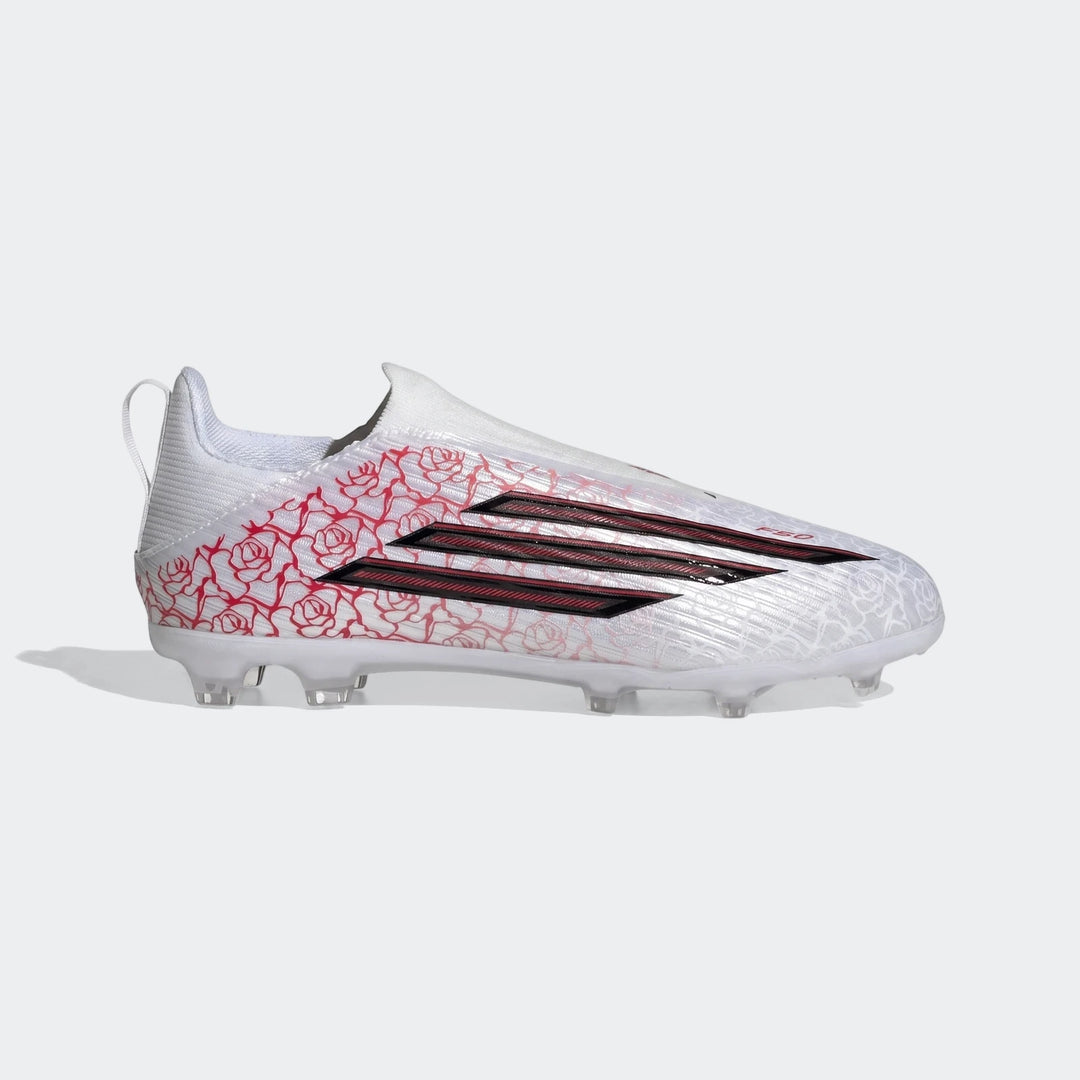Side view of Adidas F50 League Ll Fg / Mg Lamine Yamal Kids Football Boots in white with a striking red rose pattern and