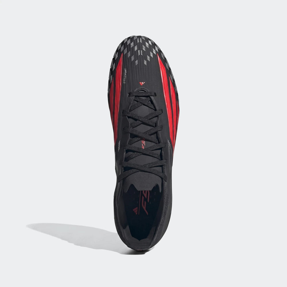 Black and red Adidas F50 Pro Firm Ground Football Boots, top-down view, featuring speed-enhancing design.