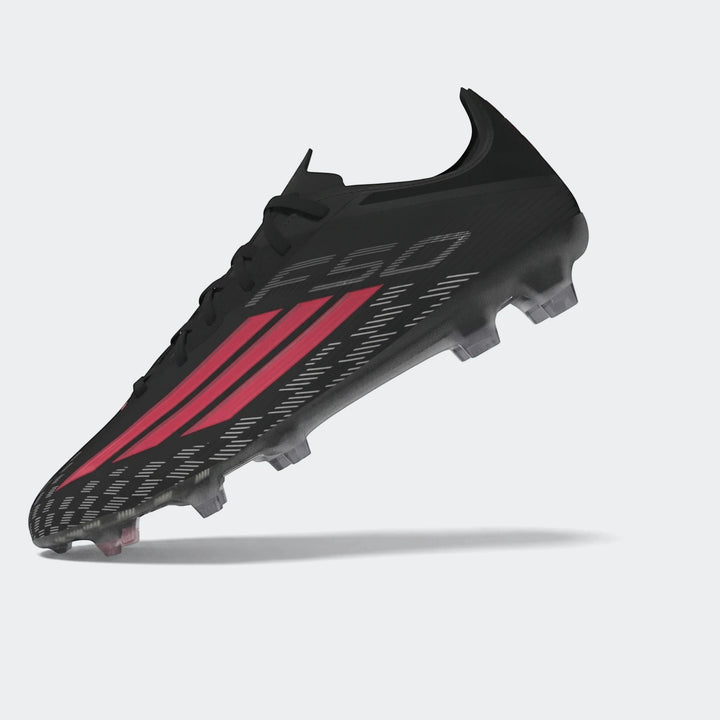 Black and red Adidas F50 Pro Firm Ground Football Boot, showing the studded sole and 'F50' branding.