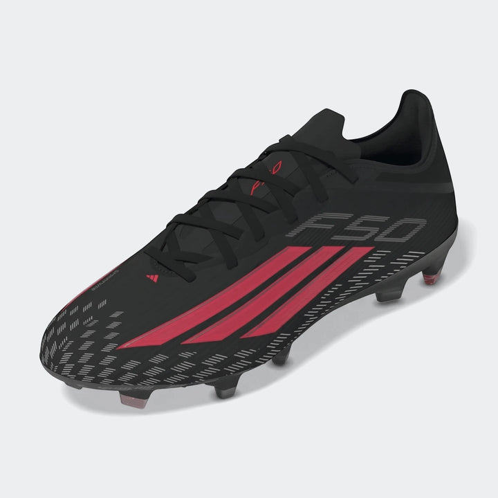 Black and red Adidas F50 Pro Firm Ground Football Boots in a side view, featuring three iconic stripes and a textured upper