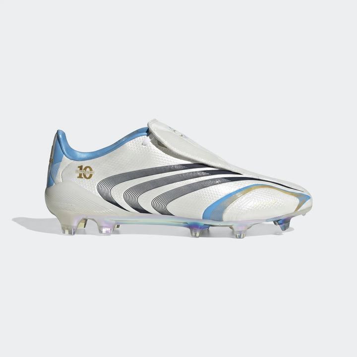White Adidas F50 Tunit Firm Ground Football Boot with black, light blue, and gold accents, featuring clear studs and a '10