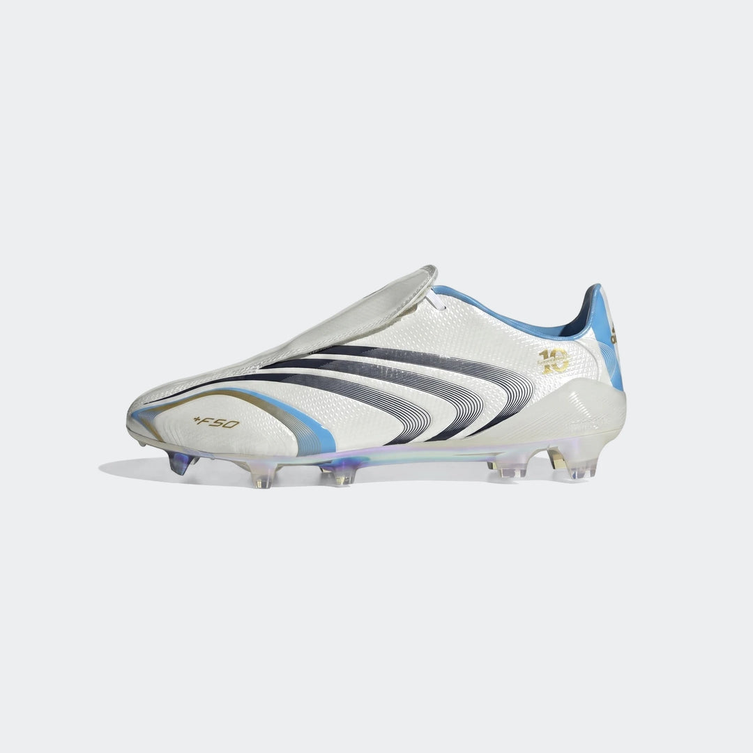 White Adidas F50 Tunit Firm Ground Football Boots with black stripes and light blue accents, shown from the side.