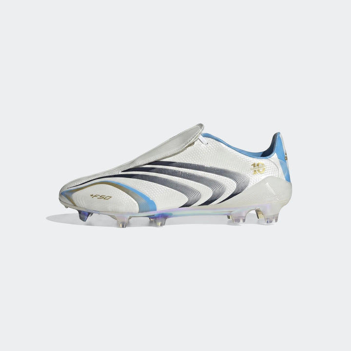 White Adidas F50 Tunit Firm Ground Football Boots with black stripes and light blue accents, shown from the side.