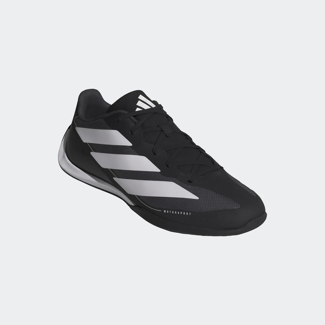 Adidas Feroza Base Shoes in black and silver, featuring three-stripe design, shown in a three-quarter view.