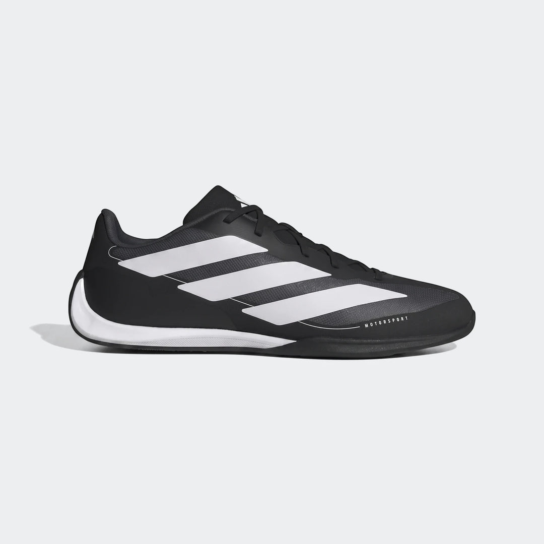 Adidas Feroza Base Shoes in black and white, featuring signature stripes, viewed from the side on a plain background.