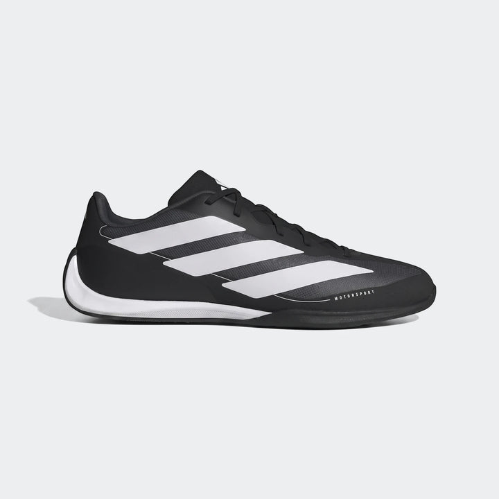 Adidas Feroza Base Shoes in black and white, featuring signature stripes, viewed from the side on a plain background.