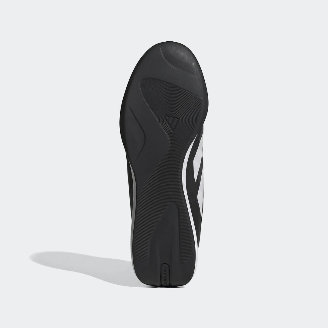 Bottom view of the Adidas Feroza Base Shoes, showcasing the black sole with white accents and textured grip pattern.