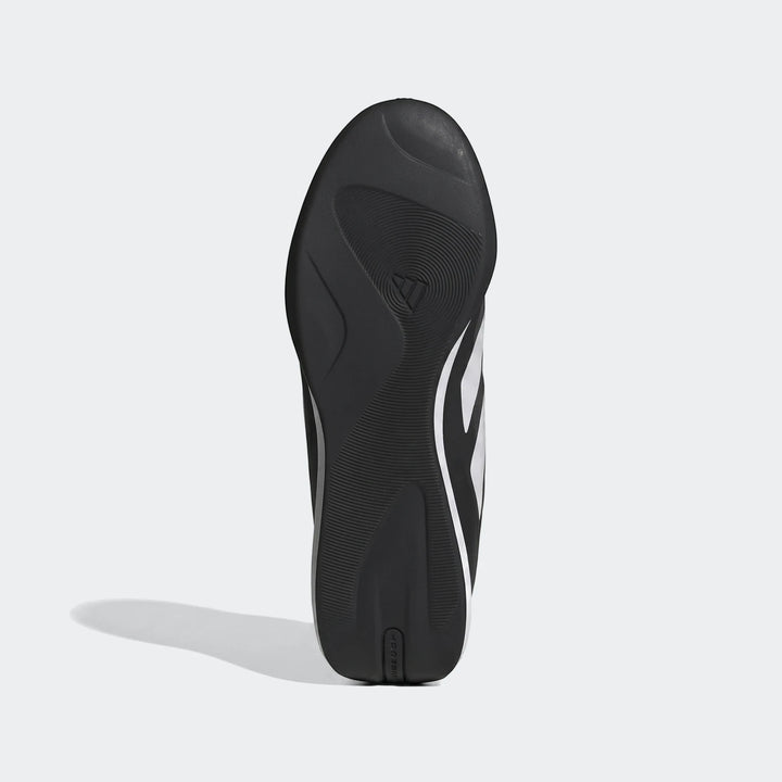 Bottom view of the Adidas Feroza Base Shoes, showcasing the black sole with white accents and textured grip pattern.