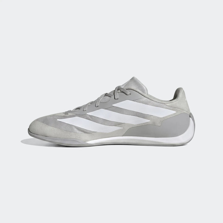 Grey Adidas Feroza Base Shoes with white stripes, shown in a side profile view, suitable for athletic activities.
