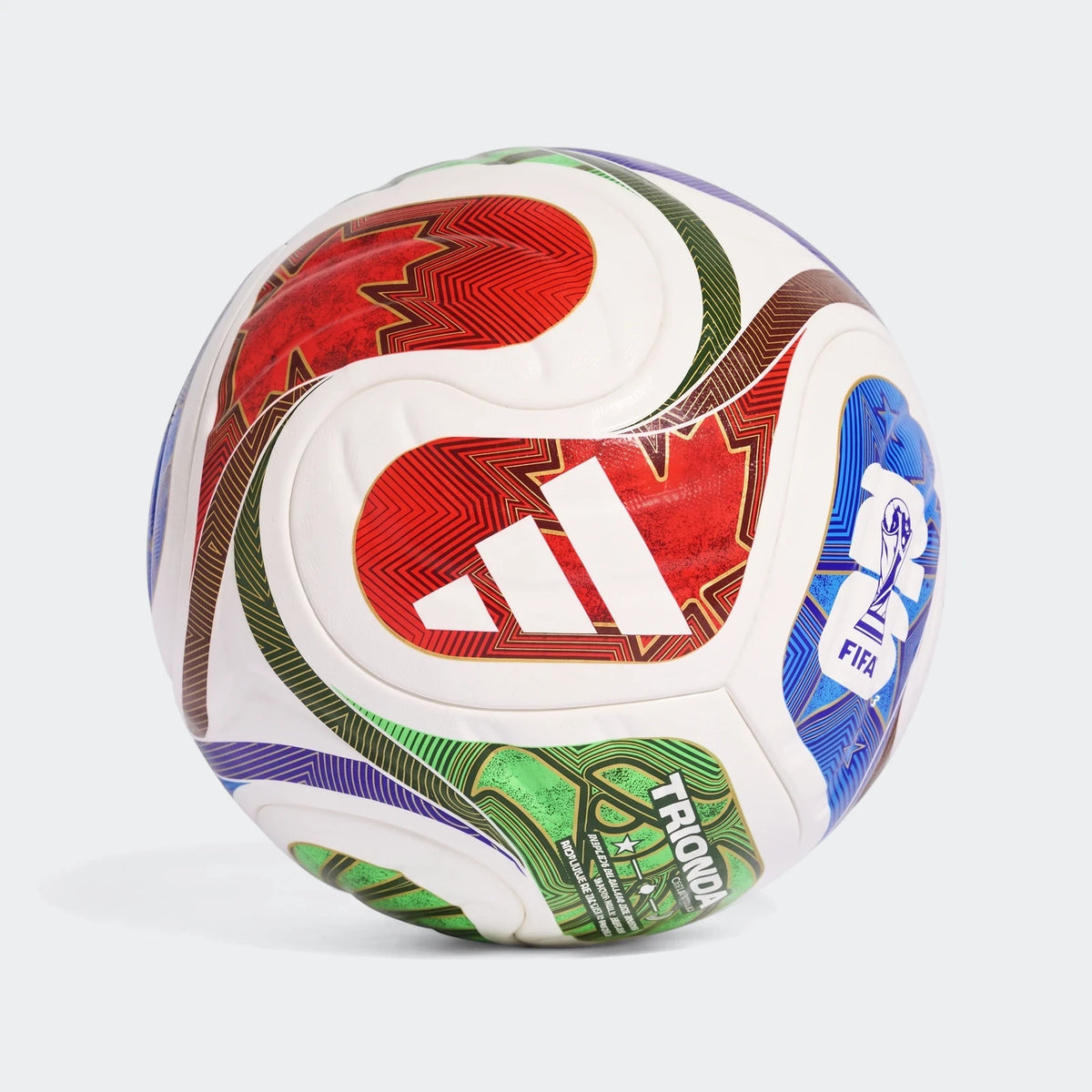 A multicolored Adidas Fifa World Cup 26 Trionda Competition Ball, featuring Adidas and FIFA World Cup logos.