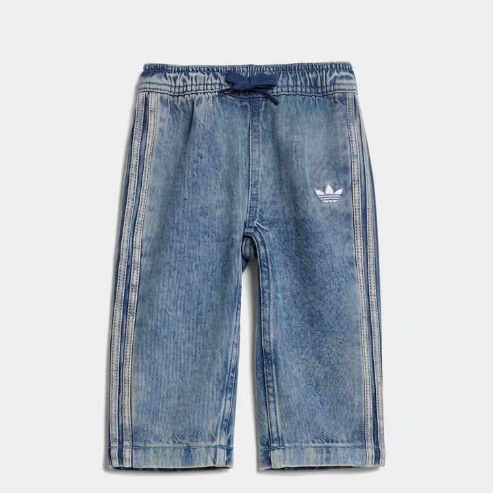Blue washed denim Adidas Firebird track pants for children, featuring white side stripes and the iconic Trefoil logo.