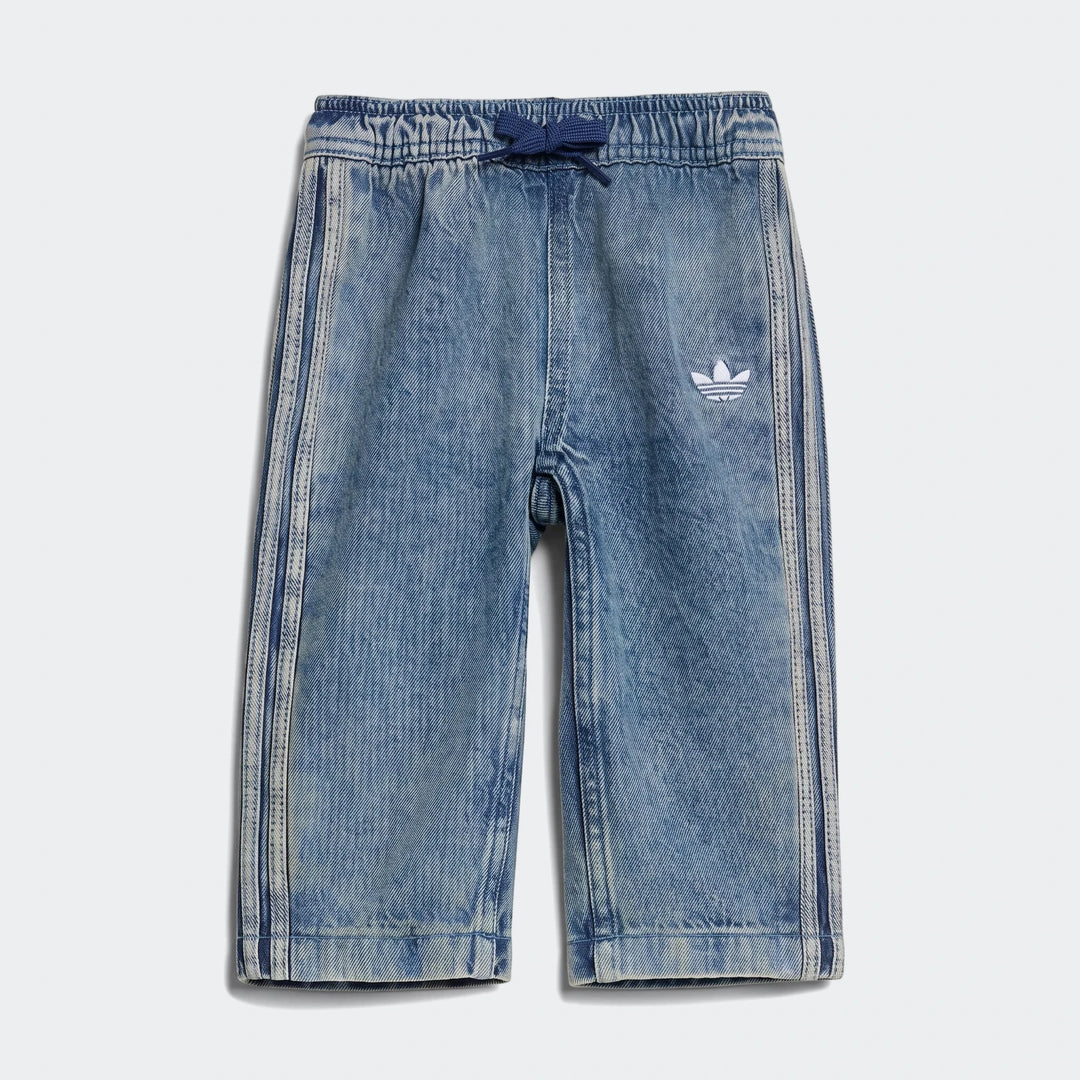 Blue washed denim Adidas Firebird track pants, featuring white three-stripe detailing and an embroidered Trefoil logo.