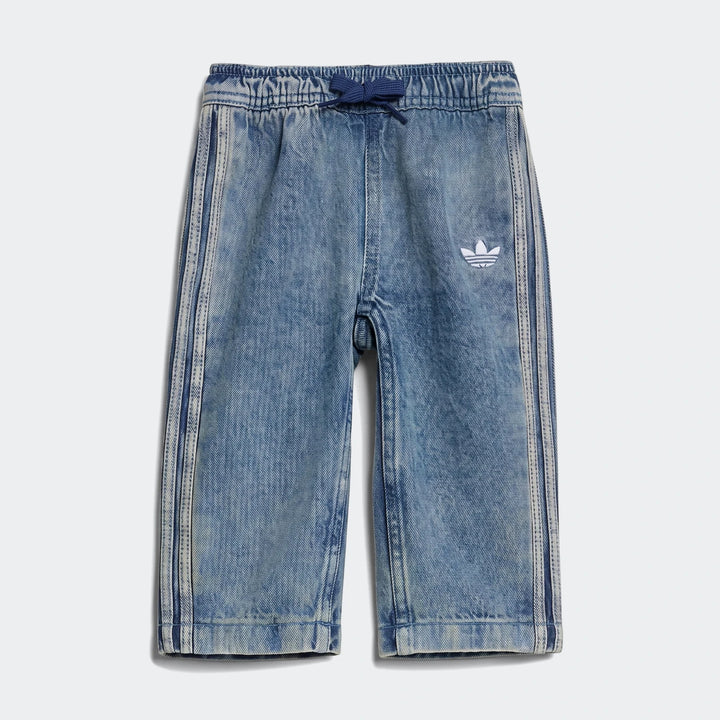 Blue washed denim Adidas Firebird track pants, featuring white three-stripe detailing and an embroidered Trefoil logo.