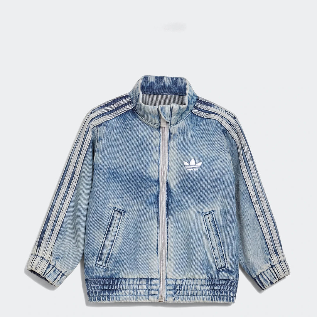 Kids Adidas Firebird denim track top in light acid wash blue with white zipper and iconic three stripes.