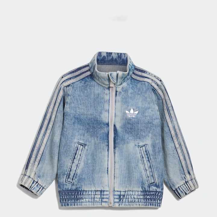 Kids Adidas Firebird denim track top in light acid wash blue with white zipper and iconic three stripes.