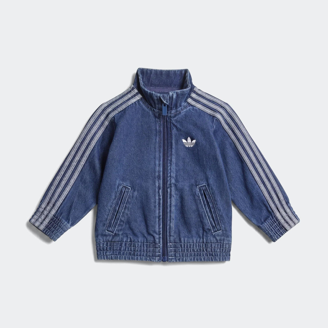 Adidas Firebird Denim Track Top in blue, featuring a full zipper, iconic three-stripes on sleeves, and a white trefoil logo