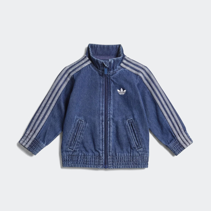 Adidas Firebird Denim Track Top in blue, featuring a full zipper, iconic three-stripes on sleeves, and a white trefoil logo