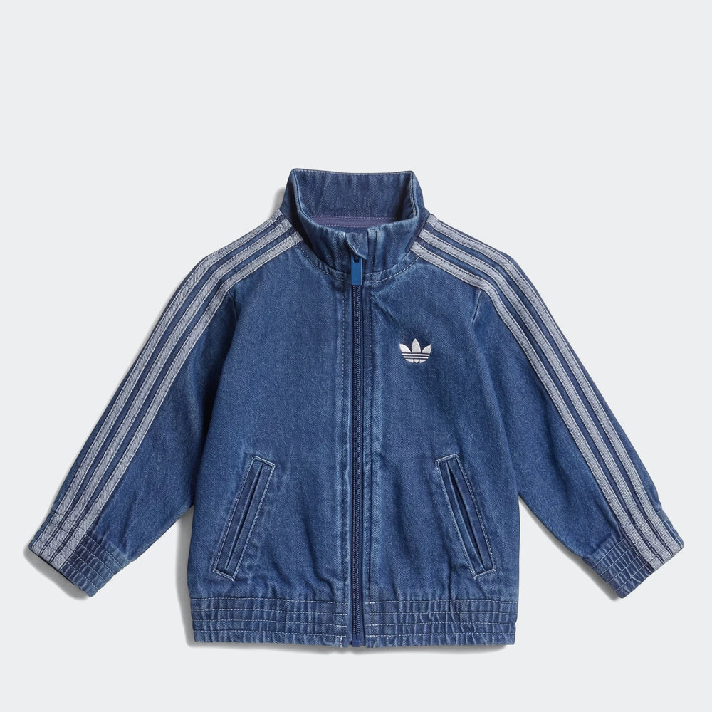 Blue Adidas Firebird Denim Track Top for kids, featuring white triple stripes on the sleeves and a classic Trefoil logo on