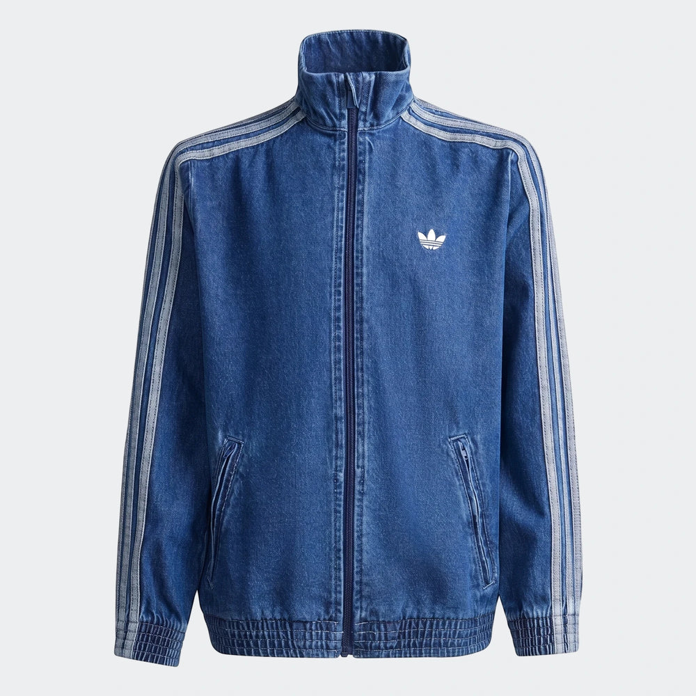 Blue Adidas Firebird Denim Track Top, front view, featuring a stand-up collar, full zip closure, and white three-stripe