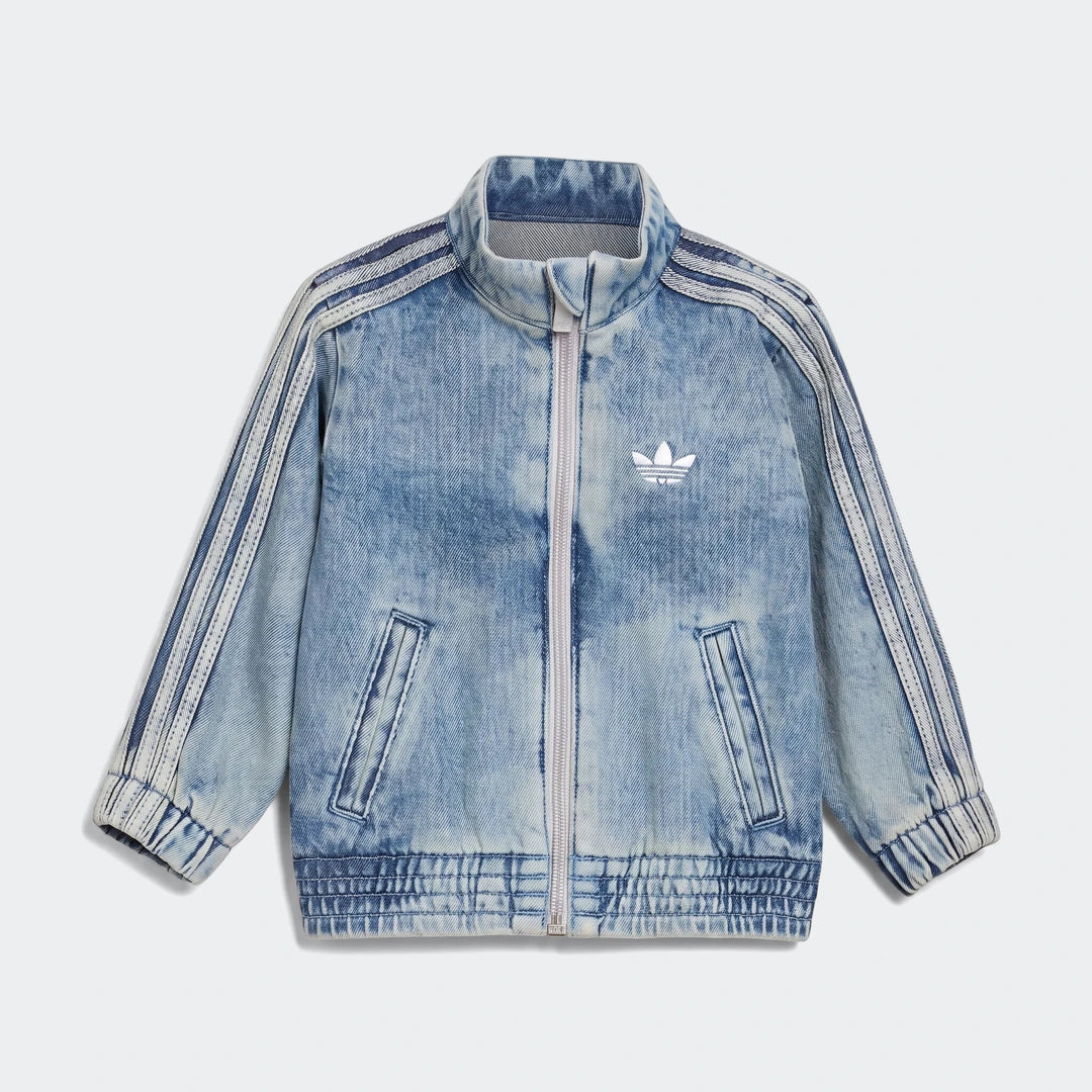 Light blue acid wash Adidas Firebird denim track top jacket with white stripes and Trefoil logo, shown from the front.