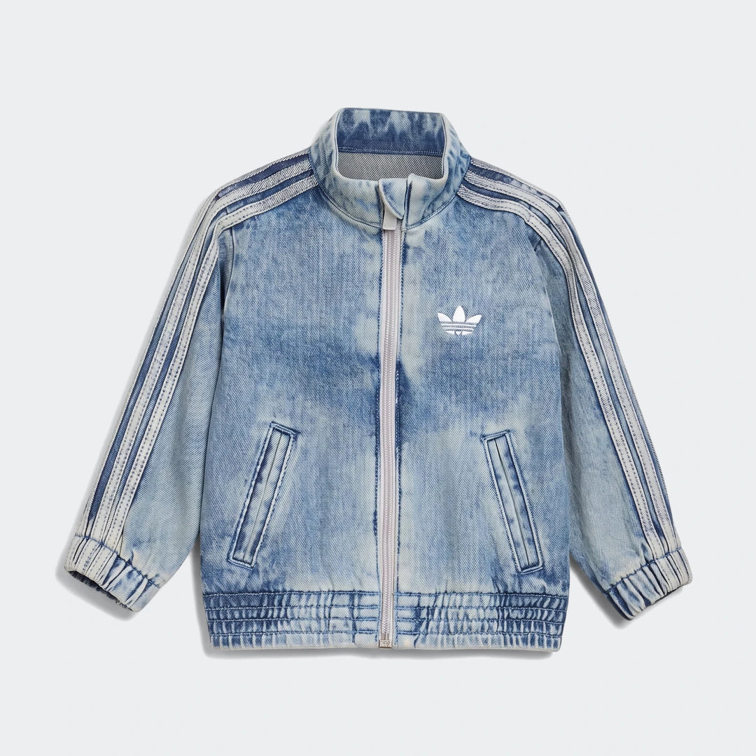 Light wash blue Adidas Firebird Denim Track Top for kids, featuring a white zipper, iconic three stripes on the sleeves, and
