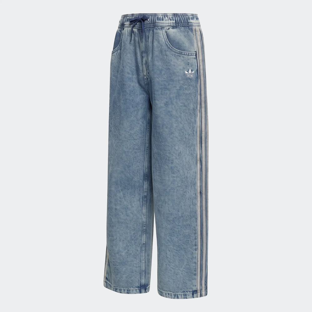 Adidas Firebird Loose Denim Track Pants in light blue acid wash, featuring an elastic drawstring waist and side stripes.