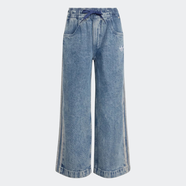 Adidas Firebird Loose Denim Track Pants for women in a light blue wash, featuring a wide-leg fit and white side stripes.