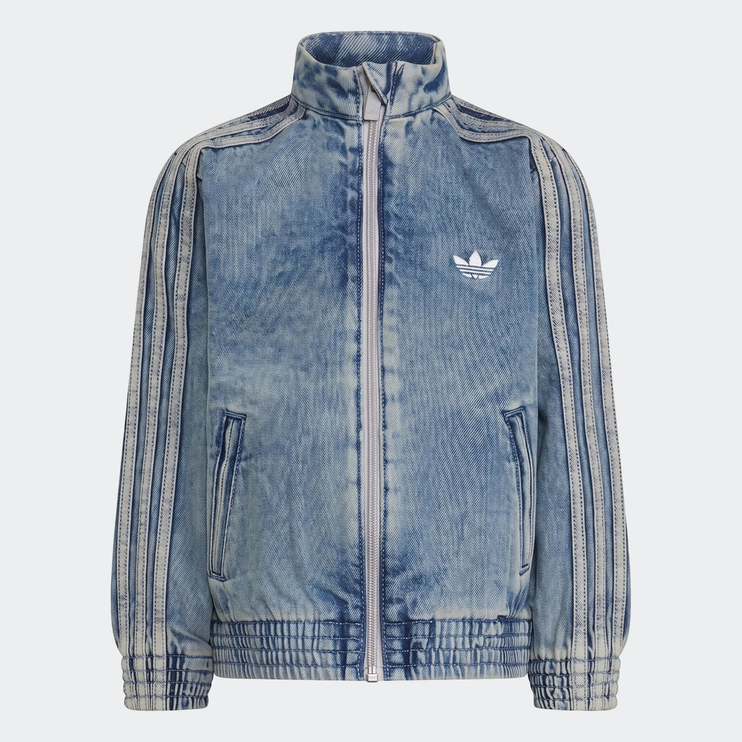 Adidas Firebird Loose Denim Track Top in blue acid wash, featuring a full zip front, stand-up collar, and iconic three