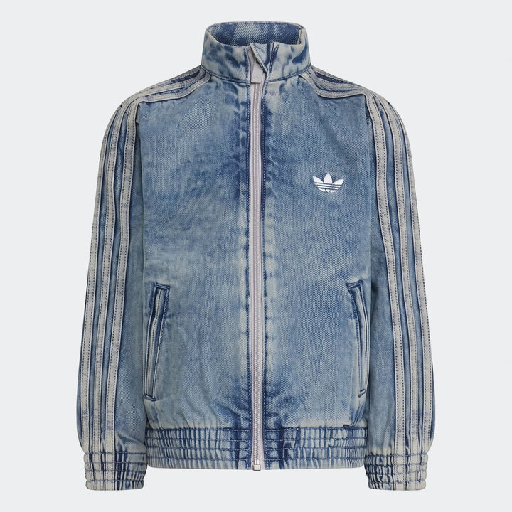 Adidas Firebird Loose Denim Track Top in blue acid wash, featuring a full zip front, stand-up collar, and iconic three