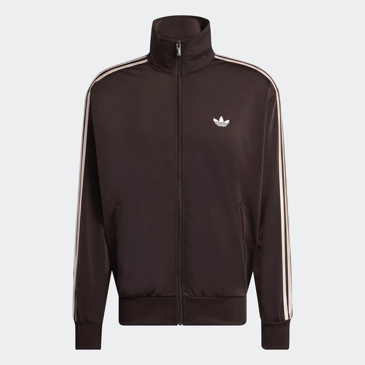 Dark brown Adidas Firebird Track Top for men, featuring white three-stripes on sleeves and a full zip closure, front view.