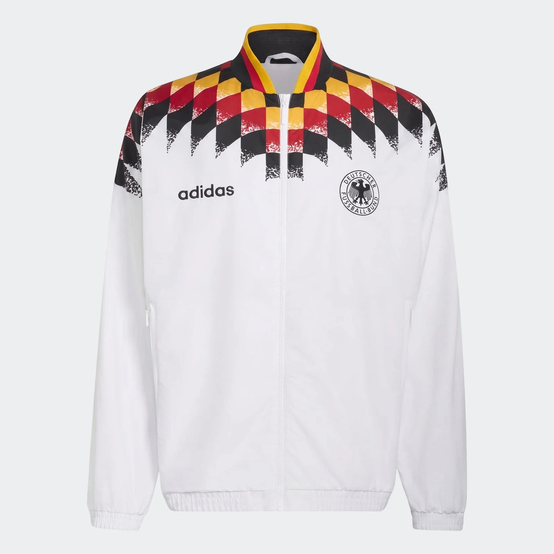 White Adidas Germany 1994 Retro Track Top with black, red, and yellow checkerboard pattern and German football crest, front
